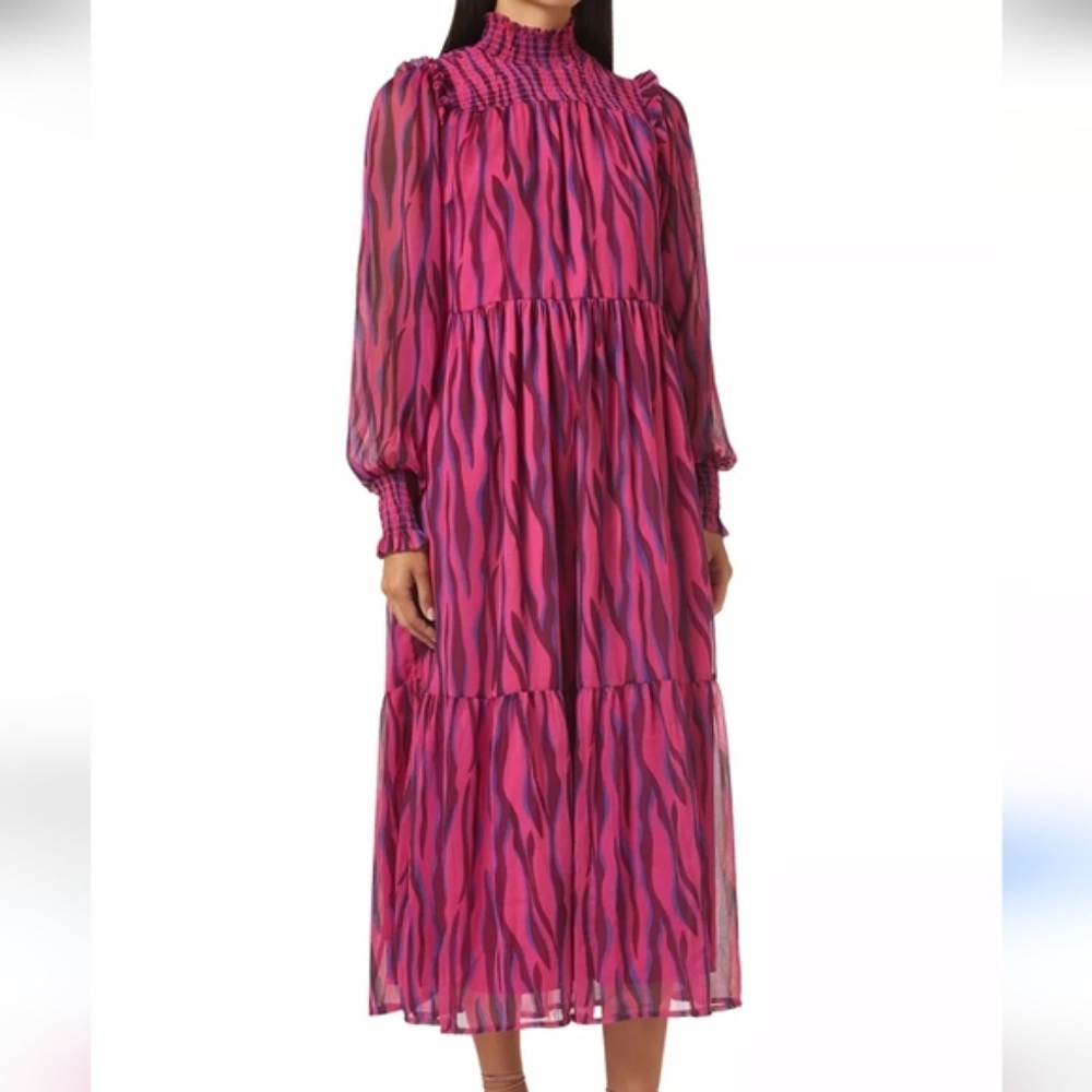 Y.A.S Animal Maxi Dress Pink Long Sleeve Dress Size Medium